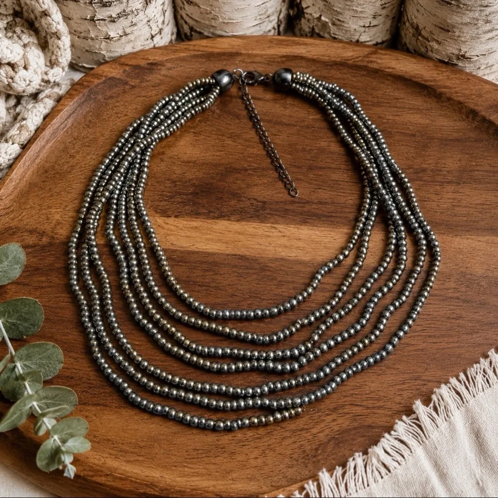 Artisan Multi Strand Gunmetal Glass Bead Statement Necklace Boho Layered 16”